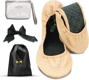 Ballet Slippers for Women | Foldable Ballerina Shoes for Purse with Heels Bag and Hair Bow | Comfortable for Travel Concert, Stylish Evening Dress | Stretchy for Wide Width and Narrow Feet