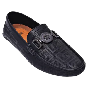 Black men's driver metal buckle printed leather loafer made by royal shoes