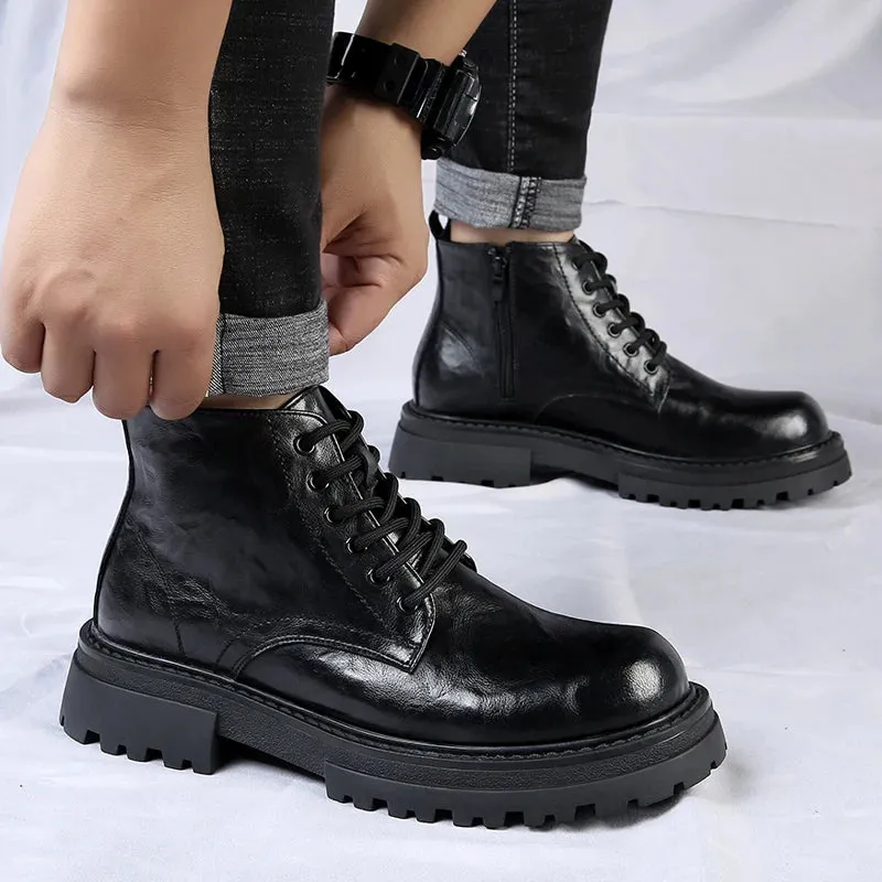 Hnzxzm Men's Leather Boots Spring and Autumn Leisure Boots Soft Bottom Comfortable Outdoor Tooling Boots British Fashion Boots