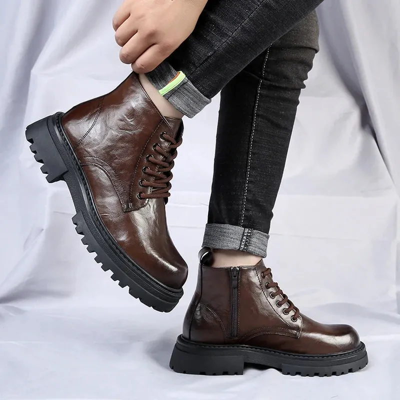 Hnzxzm Men's Leather Boots Spring and Autumn Leisure Boots Soft Bottom Comfortable Outdoor Tooling Boots British Fashion Boots