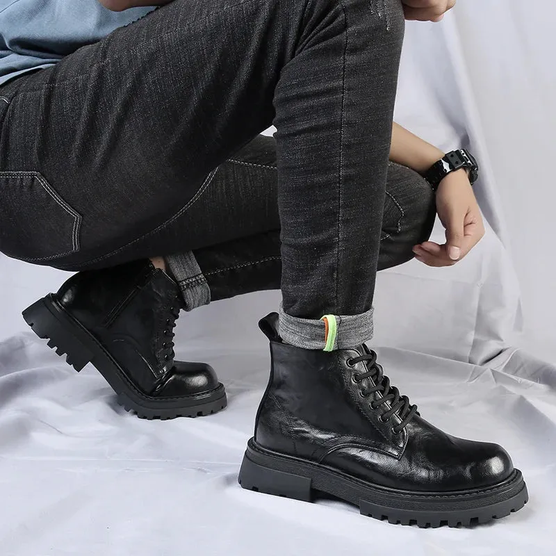 Hnzxzm Men's Leather Boots Spring and Autumn Leisure Boots Soft Bottom Comfortable Outdoor Tooling Boots British Fashion Boots