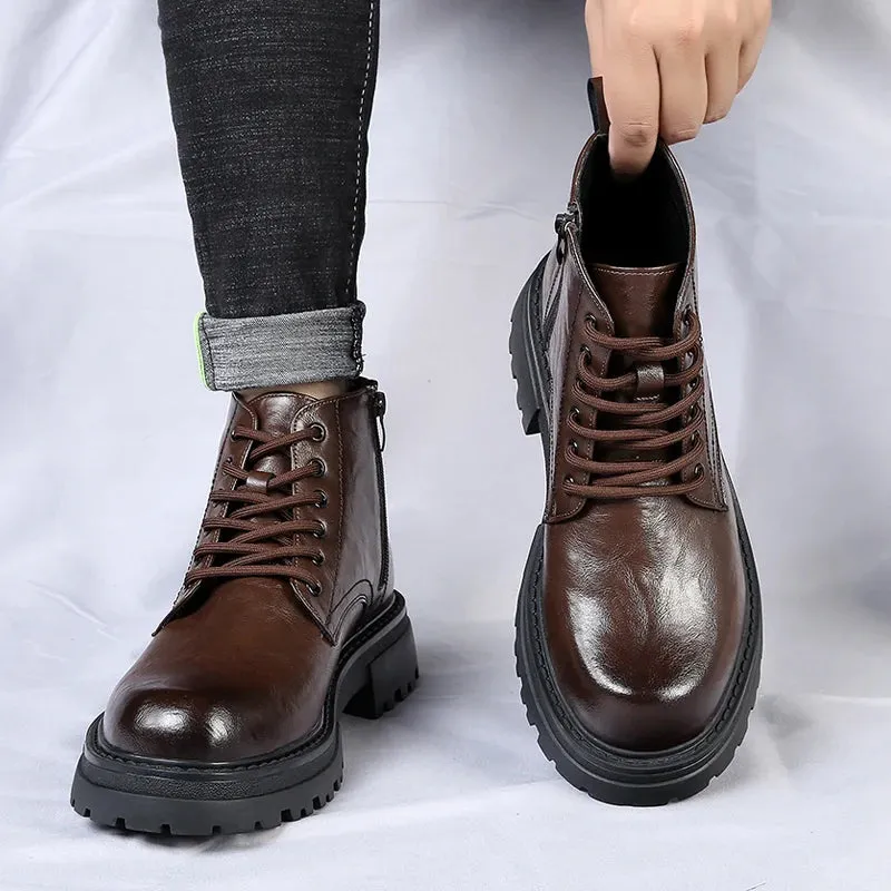 Hnzxzm Men's Leather Boots Spring and Autumn Leisure Boots Soft Bottom Comfortable Outdoor Tooling Boots British Fashion Boots