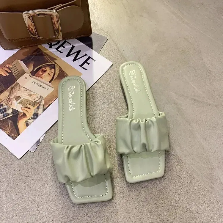 Hnzxzm Woman Flat Slippers Summer New Stylish Pleated Sandals for Women Casual Flip Flops Pure Color Women's Shoes