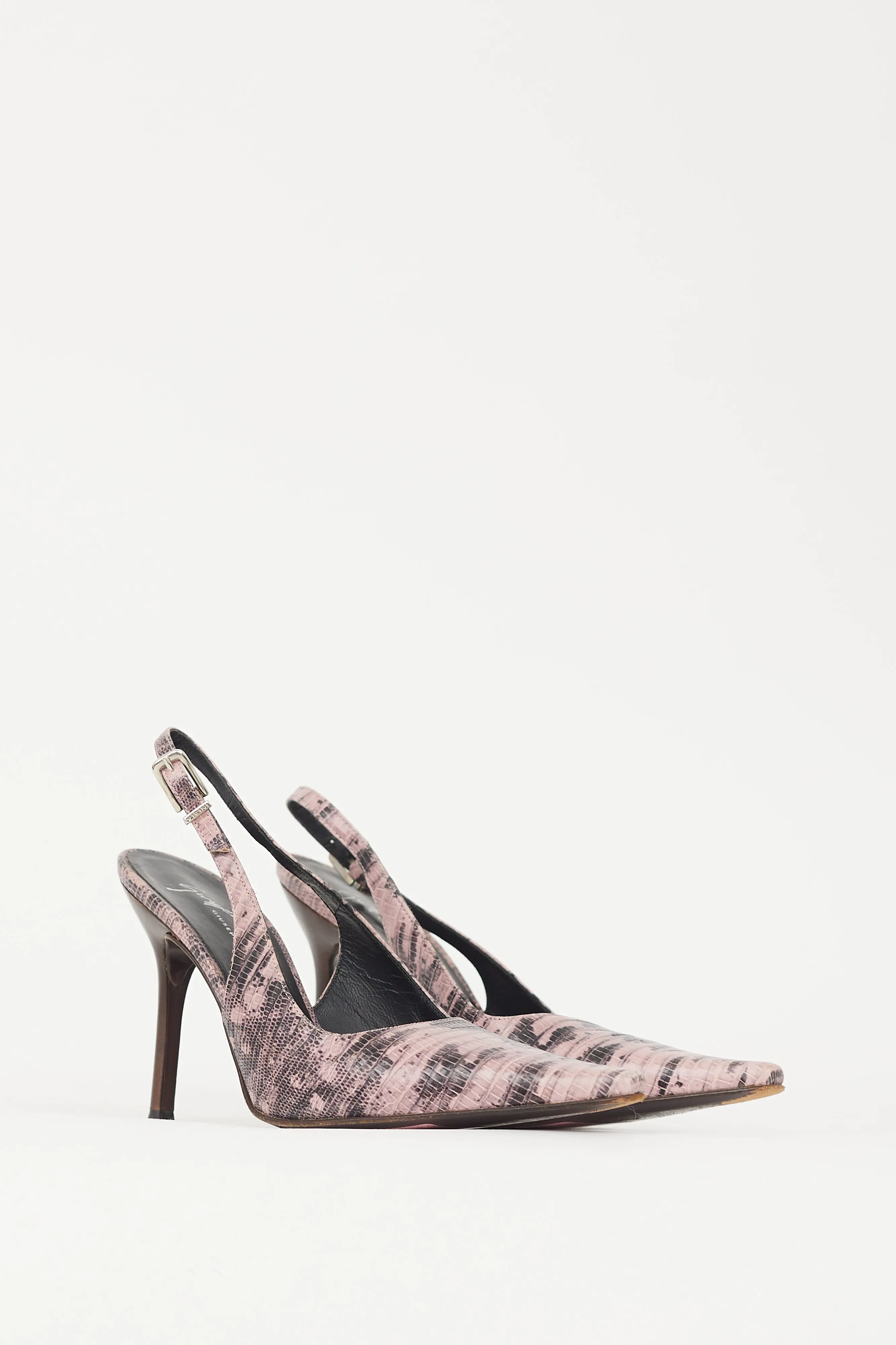 Pink & Black Embossed Leather Slingback Heel