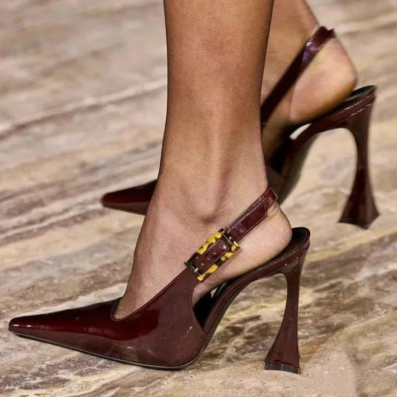 Wjczt  Sandals Women's Spring New Pointed Back Empty Single Shoes Lacquer Leather Thin Heels Sexy Fashion High Heels