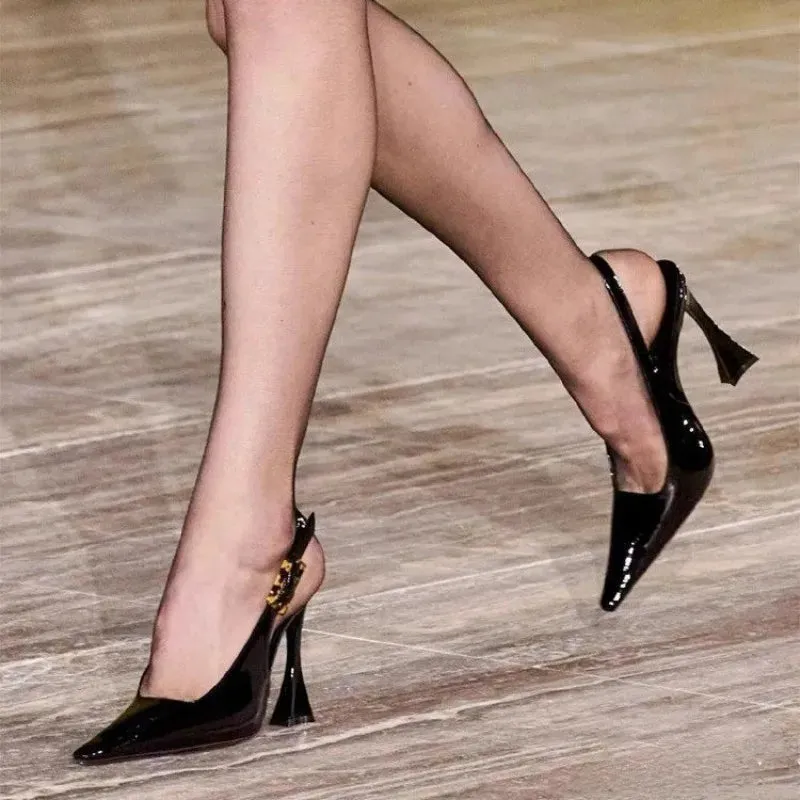 Wjczt  Sandals Women's Spring New Pointed Back Empty Single Shoes Lacquer Leather Thin Heels Sexy Fashion High Heels