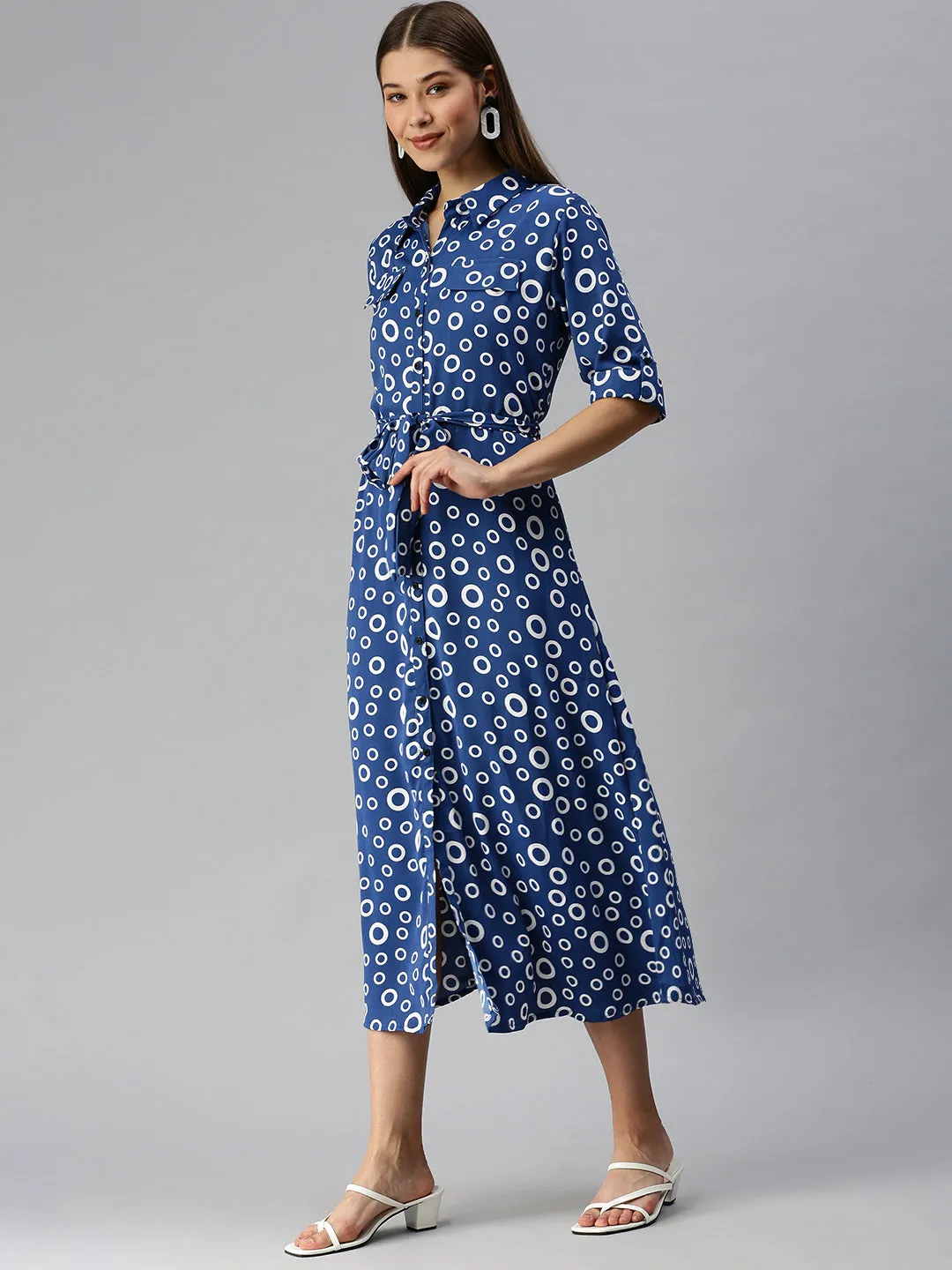 Women's Blue Printed Shirt Dress